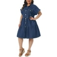 thumbnail image 4 of Agnes Orinda Women's Plus Size Denim Babydoll Dress Short Sleeve Button Down Tiered Hem Casual A-line Jean Dresses with Pockets 1X Dark Blue, 4 of 6