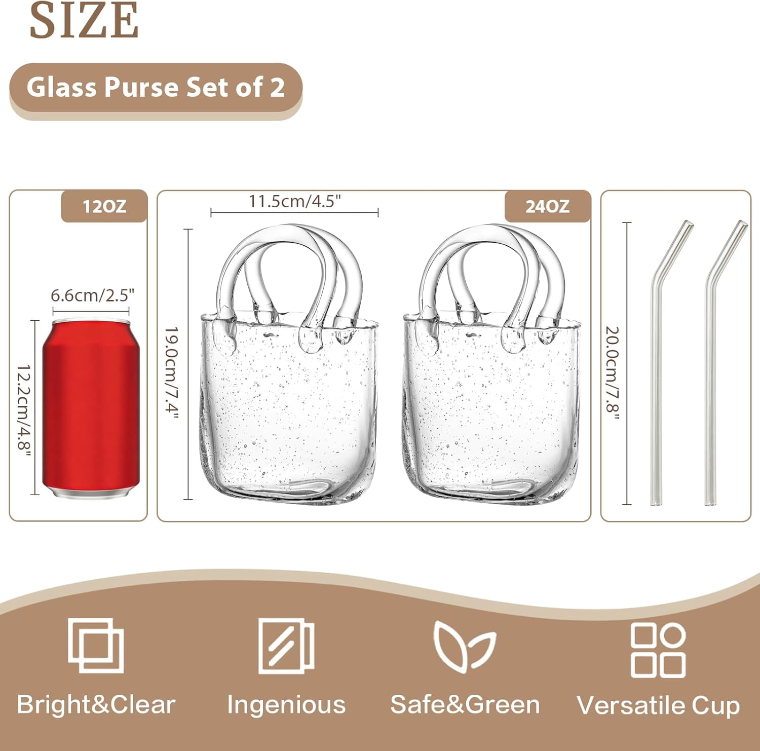 2 Pcs Glass Purse for Drinks, 24oz Unique Funky Thick Wine Glasses Gifts for Women Party, Fish Bowl Vase, Creative Unique Drinking Glass for Fruit Juice, Tea, Flowers