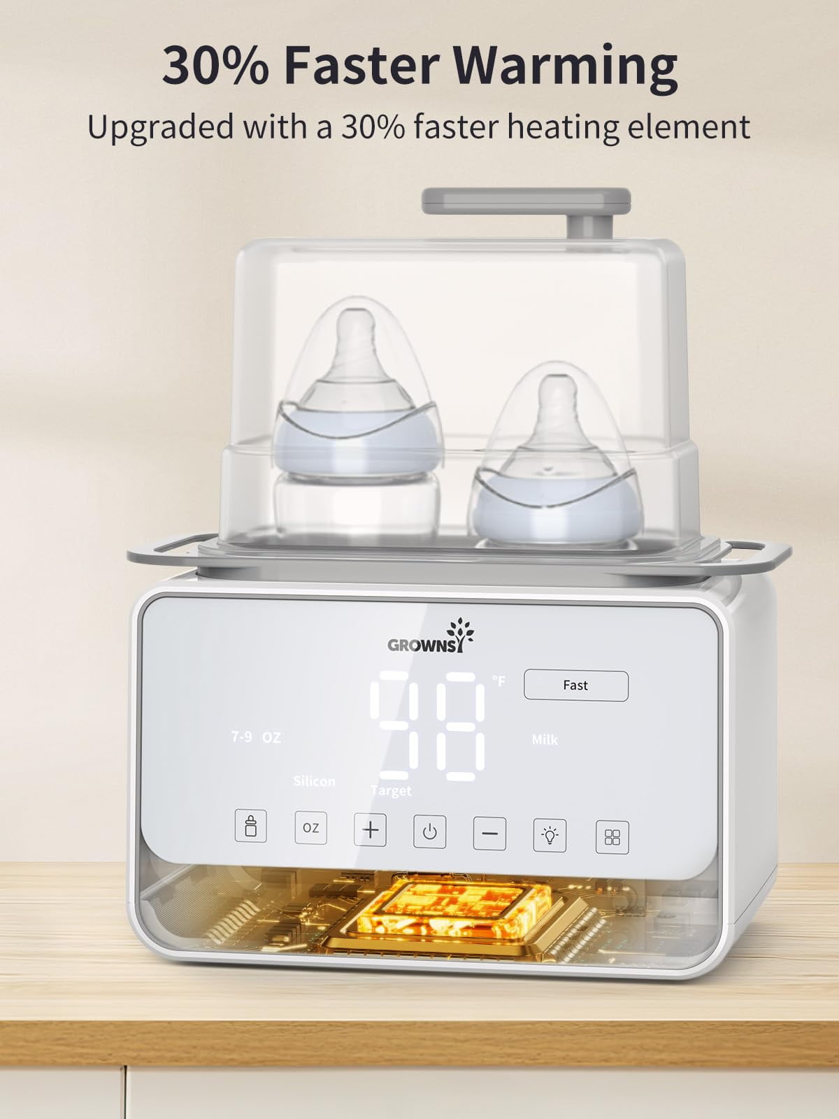 Grownsy Fast Baby Bottle Warmer, 12-in-1 Milk Warmer With Steam and Water Bath Warming Modes for Breastmilk &Formula, With Thaw, Food Heating, Steri-lize, Egg Boil Function