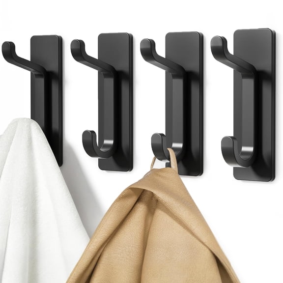 Wall Hooks for Coat and Towel: 13LB Strong Adhesive Door Hanger Stick on, Black 4 Pack