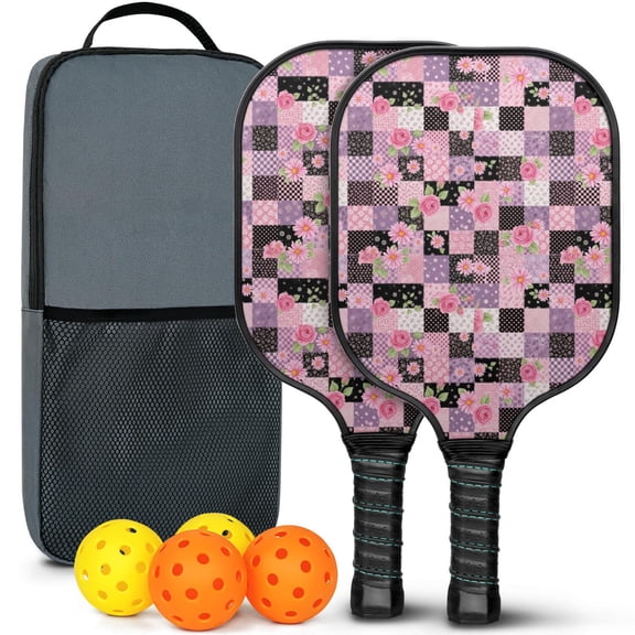 Pickleball Paddles Set,Pioneer Flower Floral Print Pattern Fiberglass Surface Pickleball Racket Set with 2 Indoor Outdoor Pickleball Balls and Pickleball Bag,Pickle-ball Equipment