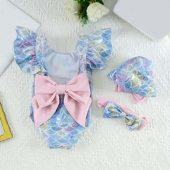 RTKFRFLM Toddler Girls One Piece Swimsuit with Hat & Headband Cute Princess Bathing Suit for Kids Summer Wear