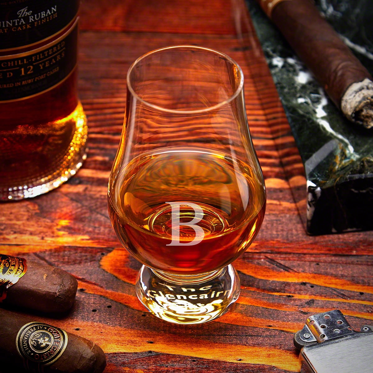 Carraway Engraved Draper Whiskey Decanter Set with Glencairn Glasses