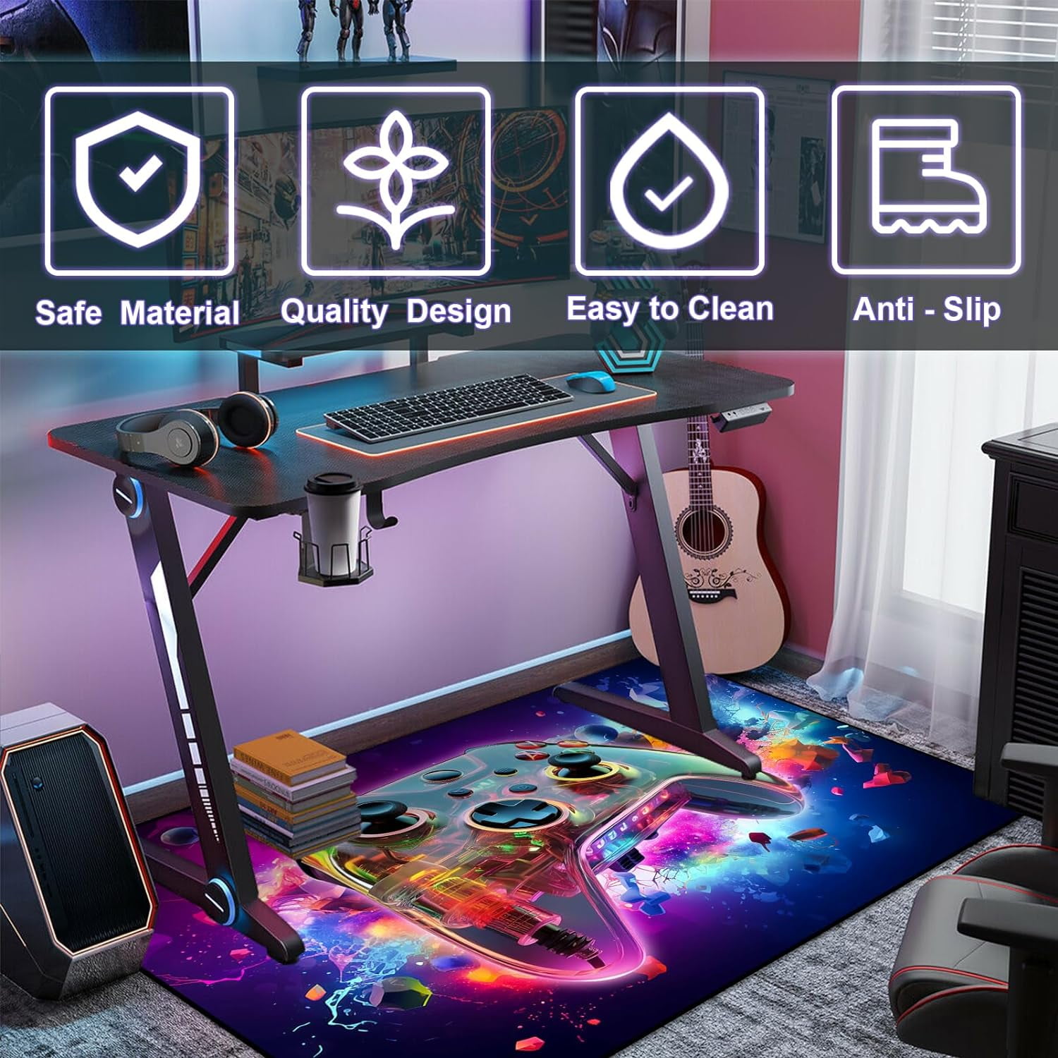 Gaming Area Rug Teen Boys Carpet, 3D Transparent Gamepad and Colorful Bomb Background Game Controller Design for Game Room, Gaming Room, Boys Girls Bedroom Playroom, Living Room (63" x 47")