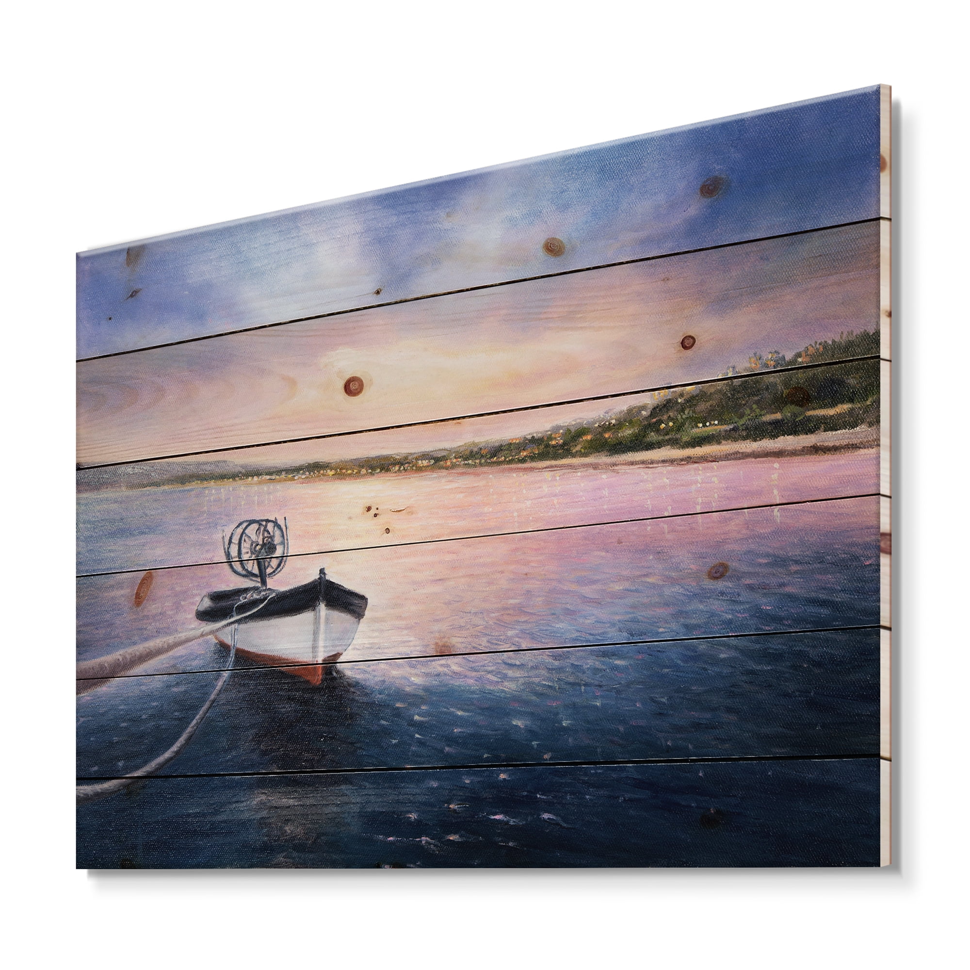 Designart 'VIbrant Sunset Over Fishing Boat By The Shore' Lake House Print on Natural Pine Wood