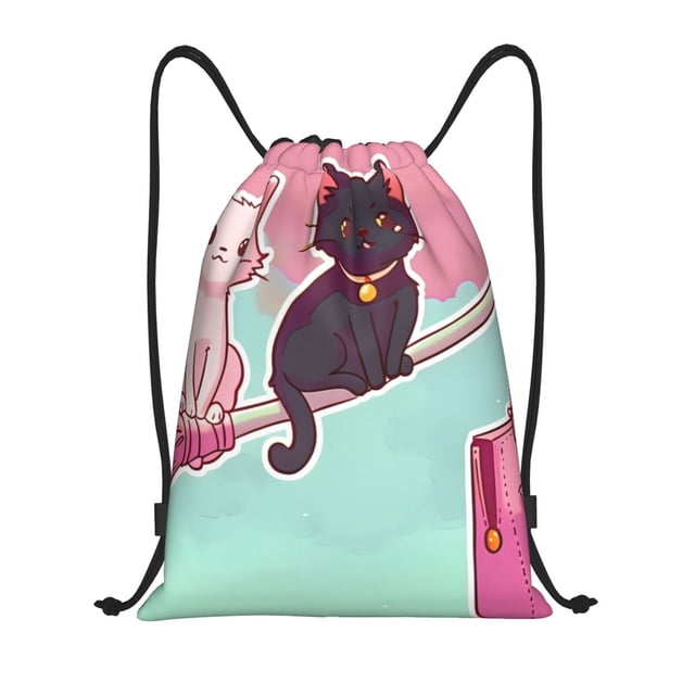 Xecao Cats On Broomstick Pattern Sports Drawstring Backpack - String Swim Gym Bag with Wet Proof Pocket for Women&Men-Medium