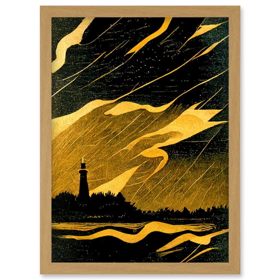 Lighthouse In A Lightning Storm Gold And Black Linocut Style Illustration Artwork Framed Wall Art Print A4