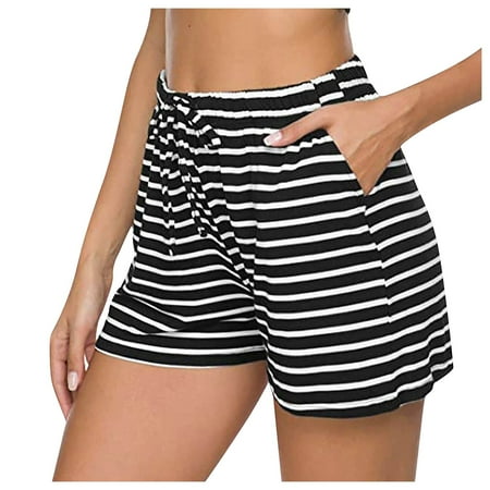 

Strungten Ladies Thin Stripe Elastic Waist Breathable High Waist Home Pajama Shorts gym shorts women