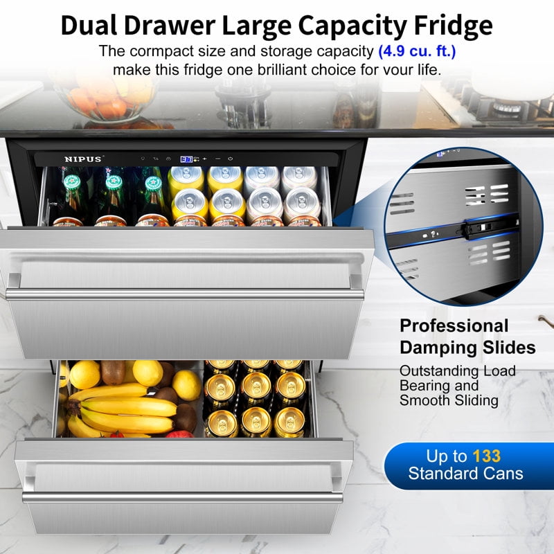 Nipus 24 Inch Double Drawer Beverage Refrigerator,180 Cans,Wine Beer Cooler Under Counter,2 Grid Organizer,for Indoor or Outdoor,Silver