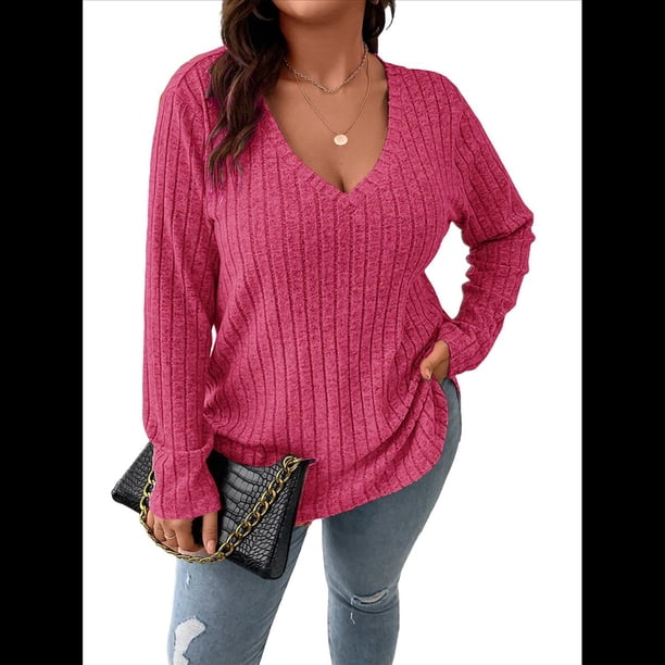 Suéter Informal de Punto con Cuello en V y Larga para Mujer, Talla Grande Rosa Roja XXL