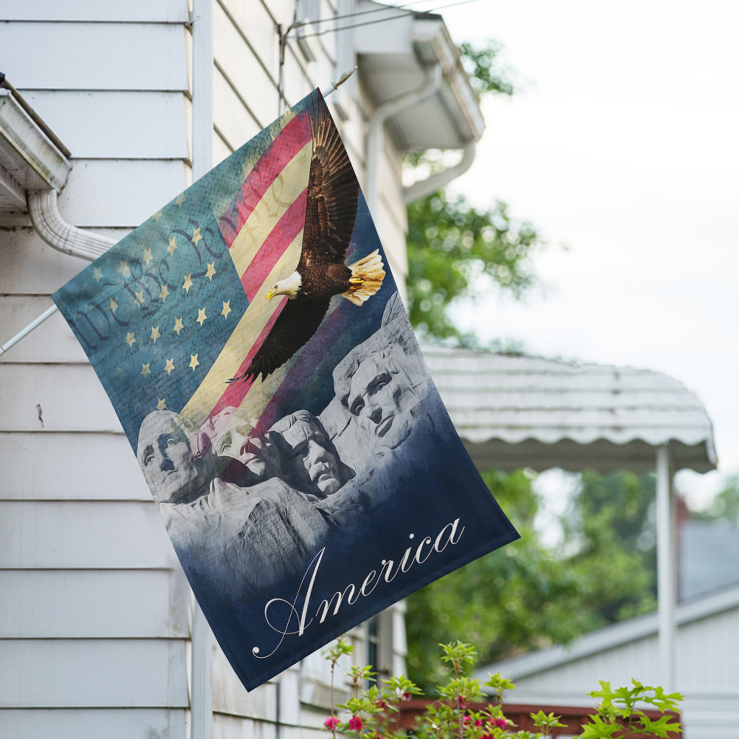 America Forever We the People House Flag, 28 x 40 inch Double Sided, Mount Rushmore Presidents Bald Eagle American Flag Constitution Patriotic Outdoor Decorations Yard Flag