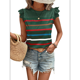 thumbnail image 3 of Camiseta de Verano con Cuello Redondo, Estampado de Rayas y Volantes de Encaje y Mangas para Mujer Verde Oscuro L, 3 of 7