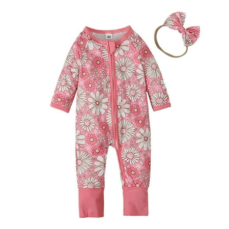 

Dxssxc Newborn Baby Girl 2 Piece Bodysuit Infant Sleep N Play Long Sleeve Romper Cute Print Zip Up Jumpsuit Fall Outfits