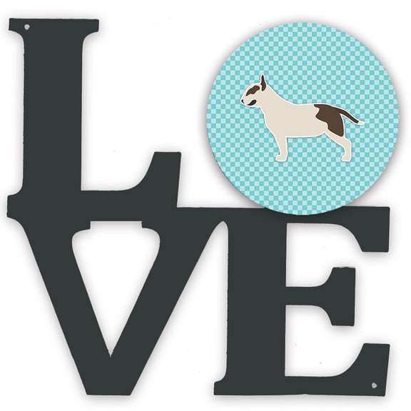 Carolines Treasures BB3778WALV Bull Terrier Checkerboard Blue Metal Wall Artwork LOVE 12X12 multicolor
