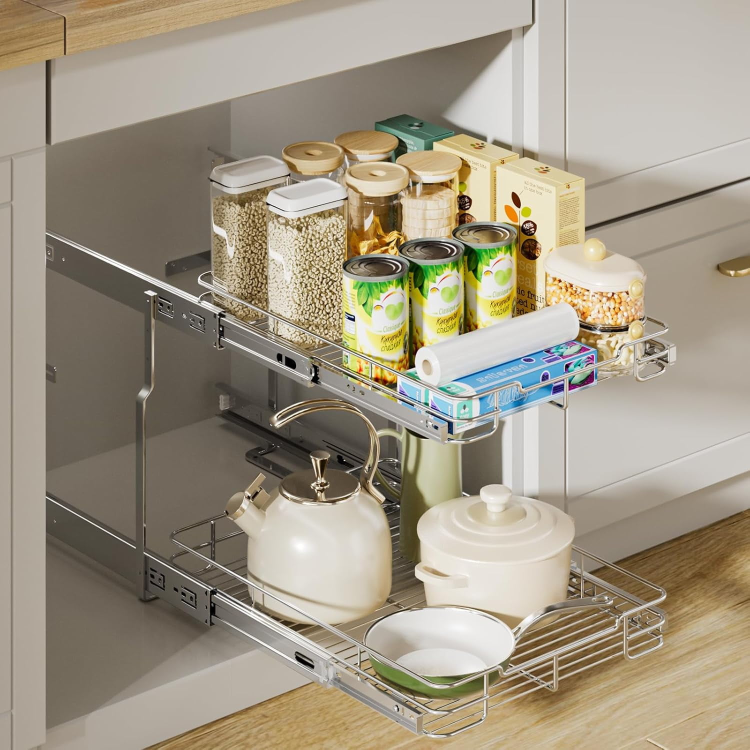 ORDORA 2 Tier Pull Out Cabinet Organizer, Heavy Duty Shelves for Kitchen Bathroom, Slide Out Chrome Steel Shelf Organizer