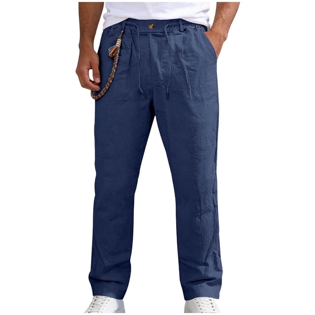 Pantalones de Cintura Elástica de Color Sólido de Lino con Cordón Detalle de Botón de Bolsillo Casual Pata Recta, Pantalones de Lino de los Hombres Casual