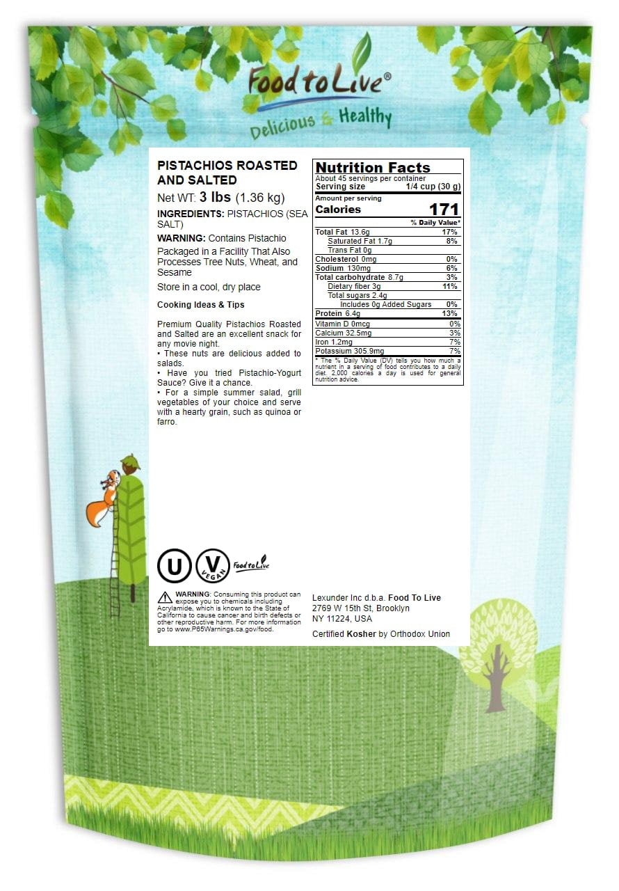 Pistachios Roasted and Salted, 3 Pounds - Kosher, Vegan - by Food to Live