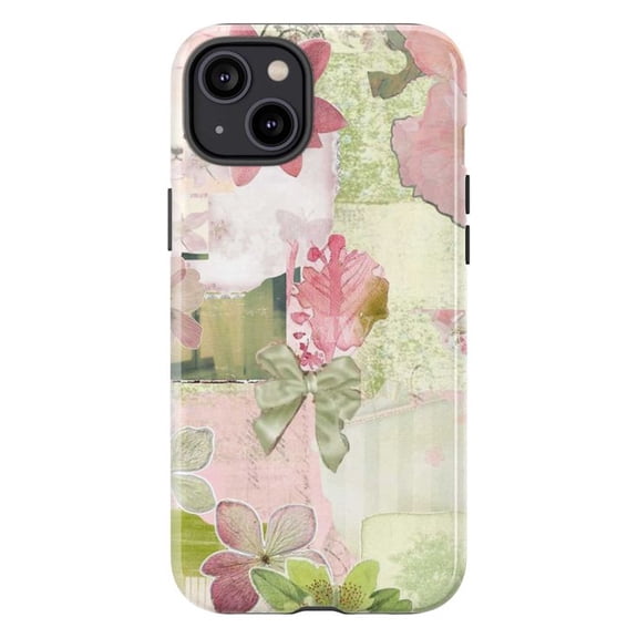 Vintage Floral Patchwork Phone Case, Pastel Pink Green Garden Style iPhone Cover, Elegant Protective Case for iPhone 17 16 15 14 13 12 11 Pro Max Plus Mini