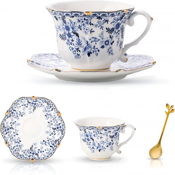 BPPEG Bone China Tea Cup and Saucer Set,3 Pieces,Vintage Style,For Women and Tea Parties