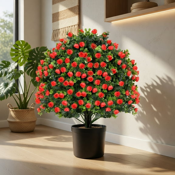 Topcobe 2 Pack Artificial Rose Topiary Ball Tree Faux Shrub Bushes with Flowers, Artificial Trees for Home Decor Indoor Outdoor - Red