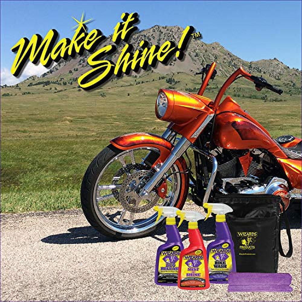 Wizards Motorcycle Cleaner Kits - 8 Piece Motorcycle Cool Kit - Saddlebag  Sized Nylon Bag with Mist and Shine, Bug Release, Bike Wash, Shine Master