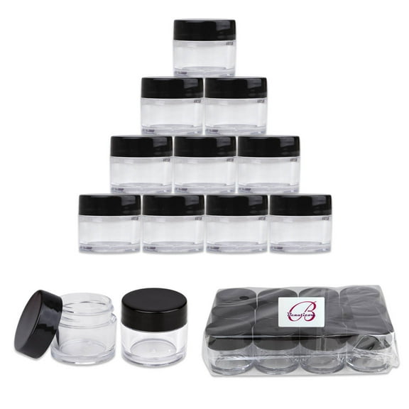 Beauticom 24pcs 7 Gram 7 ml Round High Quality Acrylic Clear Sample Leak Proof Container Jars with Black Lids- Organize Herbs Spices Loose Leaf Tea Coffee