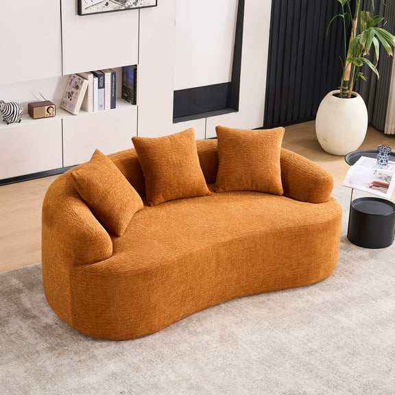 Curved Loveseat White Full Compression Sponge Sofa, 30D Chenille No-Assembly Compact Sofa for Small Spaces & Apartments, 65"L, 300 Lbs, 3 Pillows (Orange)