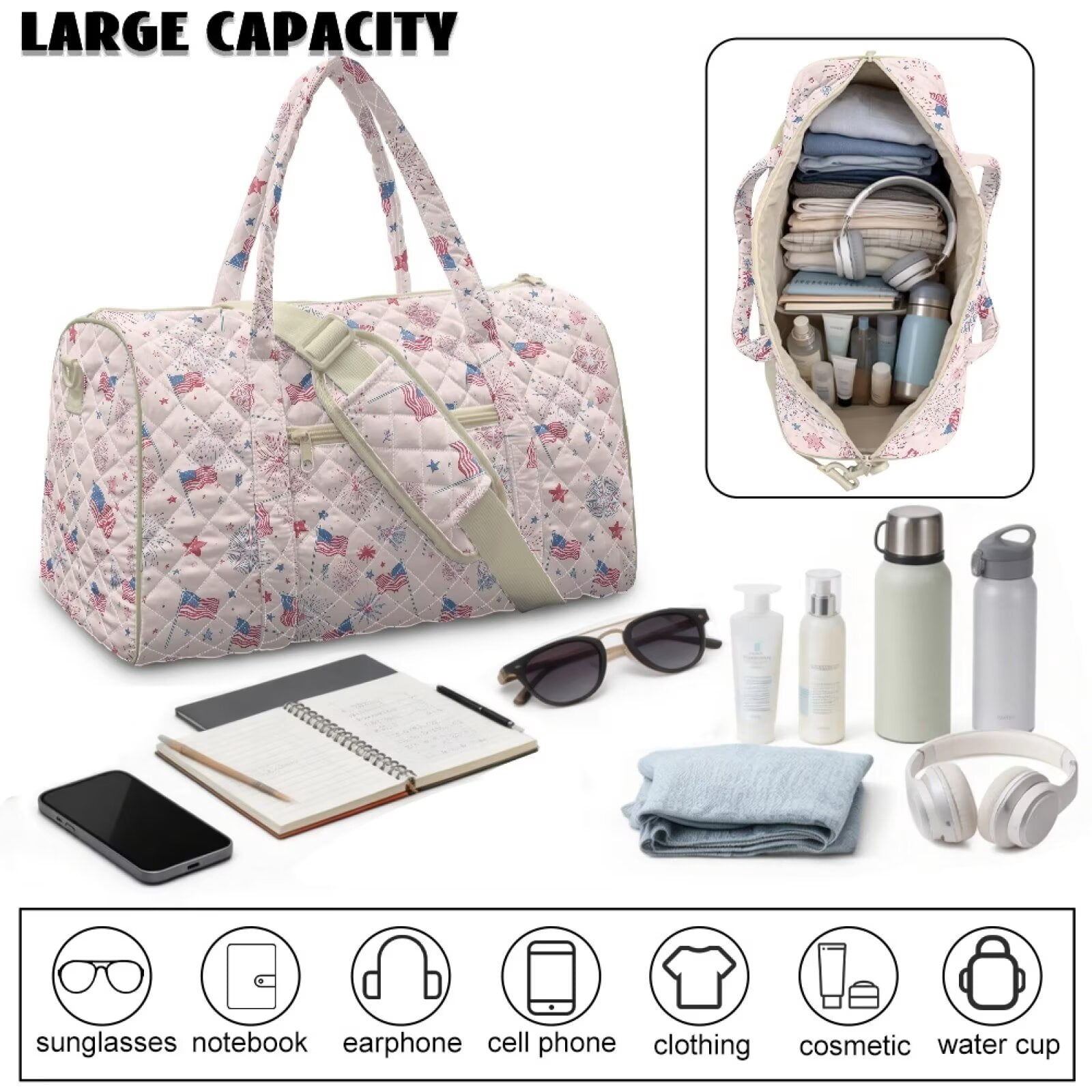 Xixirimido American Flags Firework Pink Print Women Quilted Travel Duffle Bag Duffel Overnight Bags Large Carry on Tote Bag Weekender Traveling Yoga Gym Hospital Bag