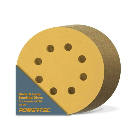 POWERTEC 100PK 5 Inch 8 Hole Hook and Loop Sanding Discs, 120 Grit, Sandpaper for Ramdom Orbital Sanders, Air Sander, Pneumatic Sander, Auto Body Shop, 44012G-50-P2
