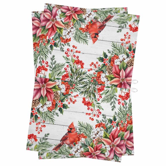 Cardinal Bird Kitchen Towels Set of 2, Water Absorbent Dish Towel, Winter Poinsettia Pine Cones Berry Wood Decorative Hand Towels - Quick Drying Cloth for Cooking Baking, 18x28 Inch