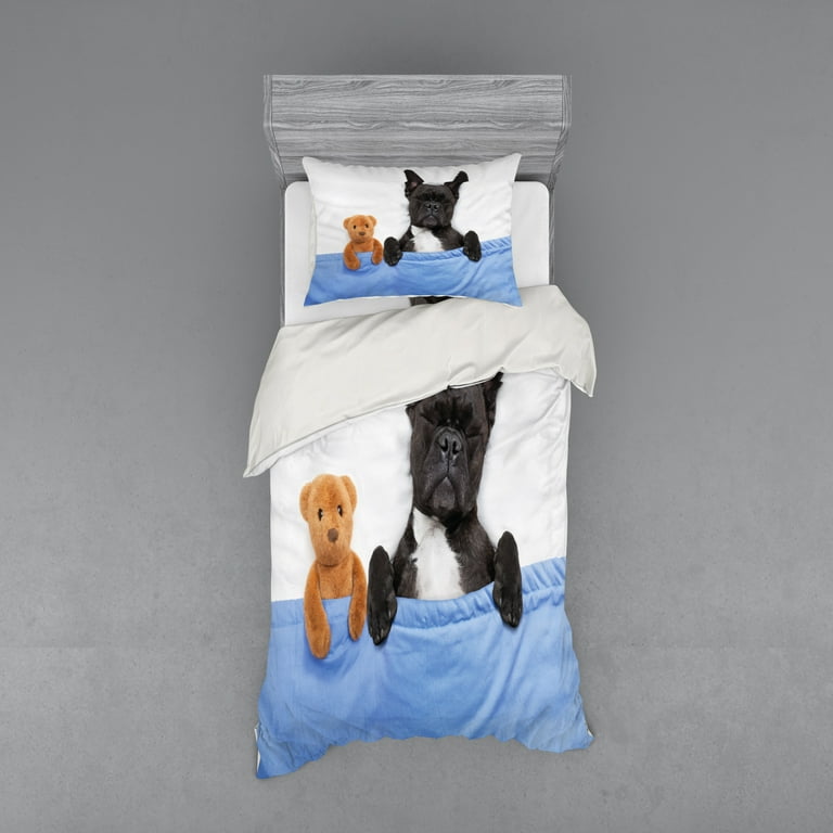 Animal Duvet Cover Set French Bulldog Sleeping Teddy Bear in Cozy