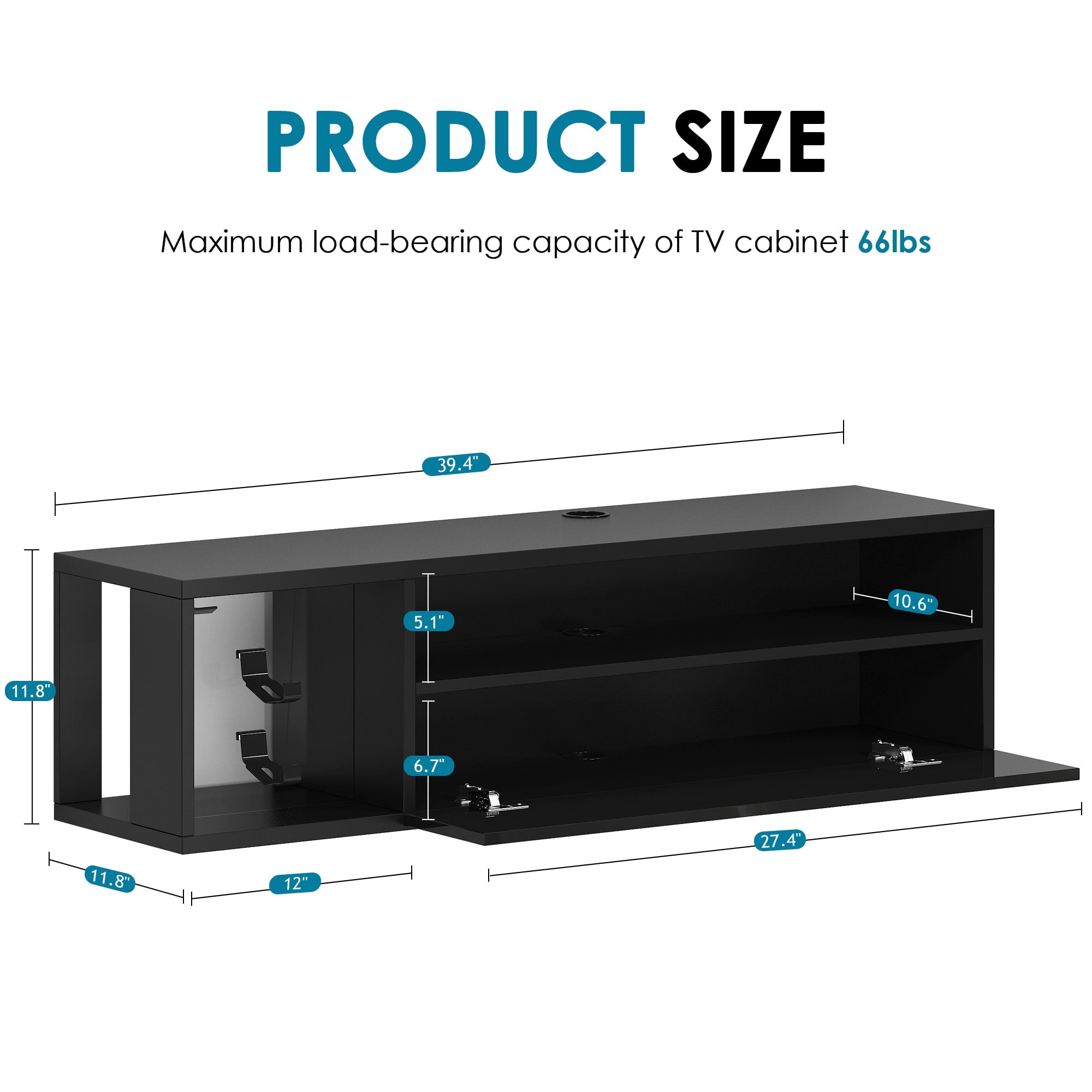 SogesPower 39.3 inches Length Floating TV Stand with Lights,Floating Entertainment Center, Suitable for Maximum Screen Size of 65 Inches,Black