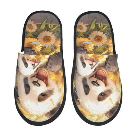 Balery Cute Panda Sunflower Slient Indoor Furry Fleece Comfort House Shoes Soft Non-Slip Home Shoes Cotton slippers House Slippers-- Medium