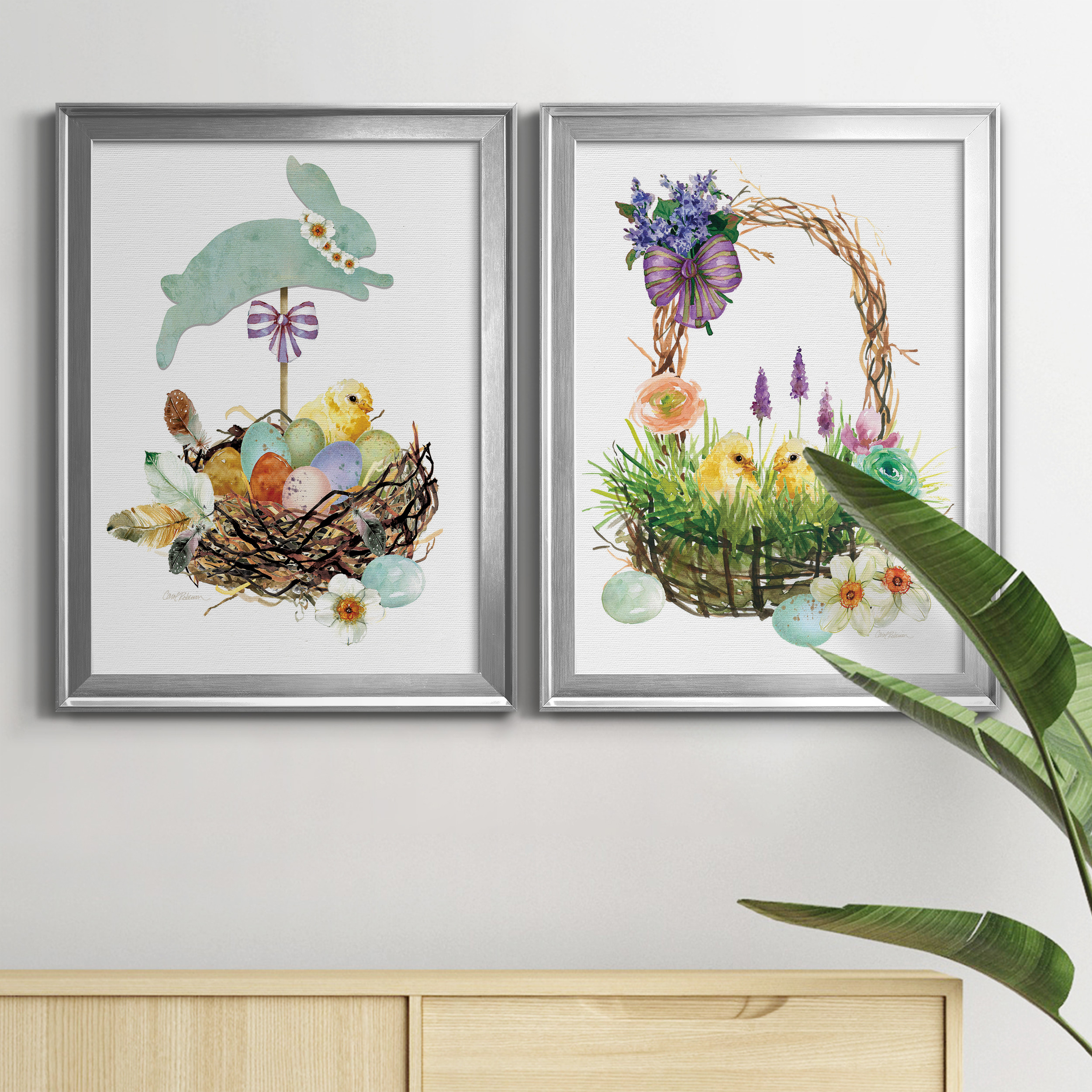 2 Piece Set Bunny Hop Premium Framed Canvas - Ready to Hang - 18.5 x 24.5 Each - Silver Frame