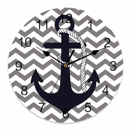 Wall Clock 14 Inch Black Nautical Anchor Round Silent Decorative Wall Clocks Battery Operated for Living Room Bedroom Kitchen Classroom Decor, Gray Waves Stripes,Large