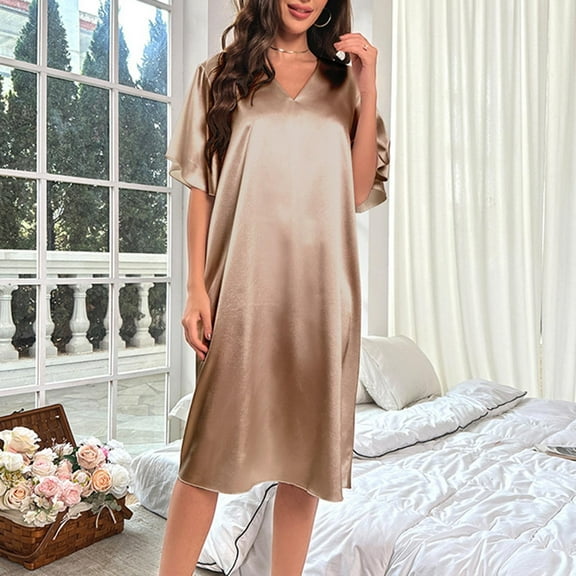 Fartey Women's Satin Nightgown Elegant V Neck Ruffle Short Sleeve Silk Long Nightdress Soft Comfy Solid Color Lounge Sleepshirts Nightdress Khaki
