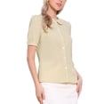 thumbnail image 4 of Camisa de cuadros para mujer INSPIRE CHIC con cuello Peter Pan, mangas cortas abullonadas, blusa de botones en color melocotón, talla XL, 4 of 6