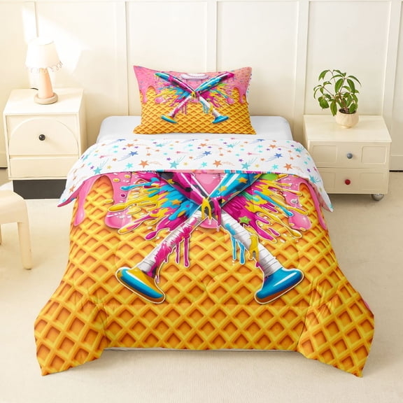 Erosebridal Baseball Ice Cream Twin Comforter Sets 3-Piece for Kids,Boys Girls Colorful Sprinkles Pink Drip Food Waffle Bedding Set,Ultra Soft Home Decor