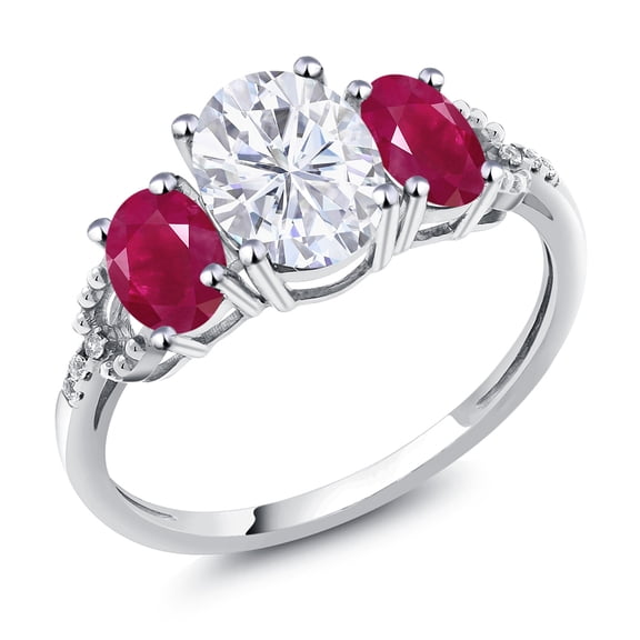 Gem Stone King 10K White Gold Moissanite and Ruby 3-Stone Ring for Women | 2.74 Cttw | Oval 8X6MM and 6X4MM (Size 6)