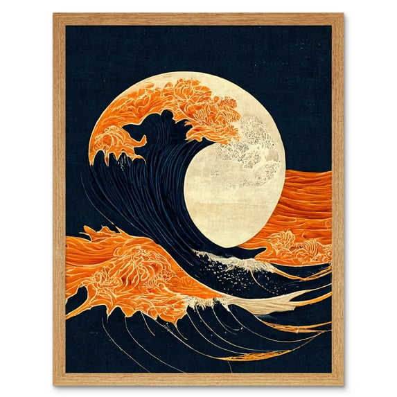 The Great Wave at Full Moon Modern Japanese Seascape Woodblock Art Print Framed Poster Wall Decor 12x16 inch