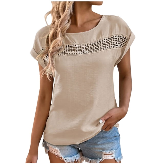 Blouses à Manches Courtes pour Femmes Mode Été Col Rond Uni Manches Courtes Patchwork Haut Blouse Sexy Hauts d'Été pour Femmes Hauts à Manches Courtes Blouse à Manches Courtes pour Femmes