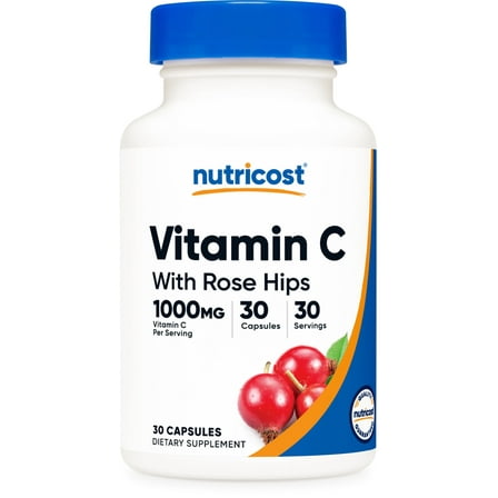 Nutricost Vitamin C with Rose HIPS 1025mg, 30 Capsules - Vitamin C 1,000mg, Rose HIPS 25mg, Premium, Non-GMO, Gluten Free Supplement