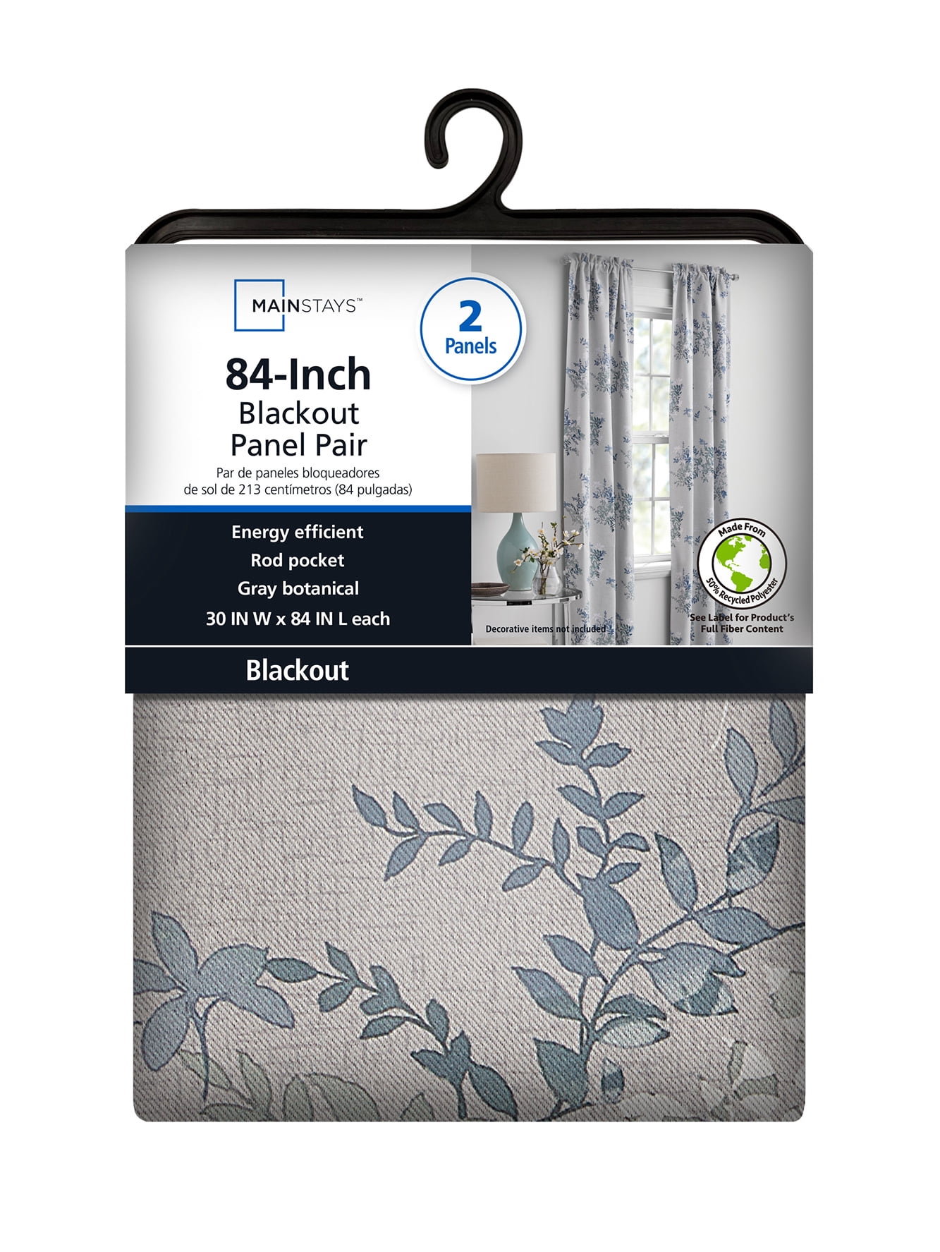Mainstays Blackout Curtain Panel Pair, Set of 2, Botanical Print Gray, 30"W x 84"L