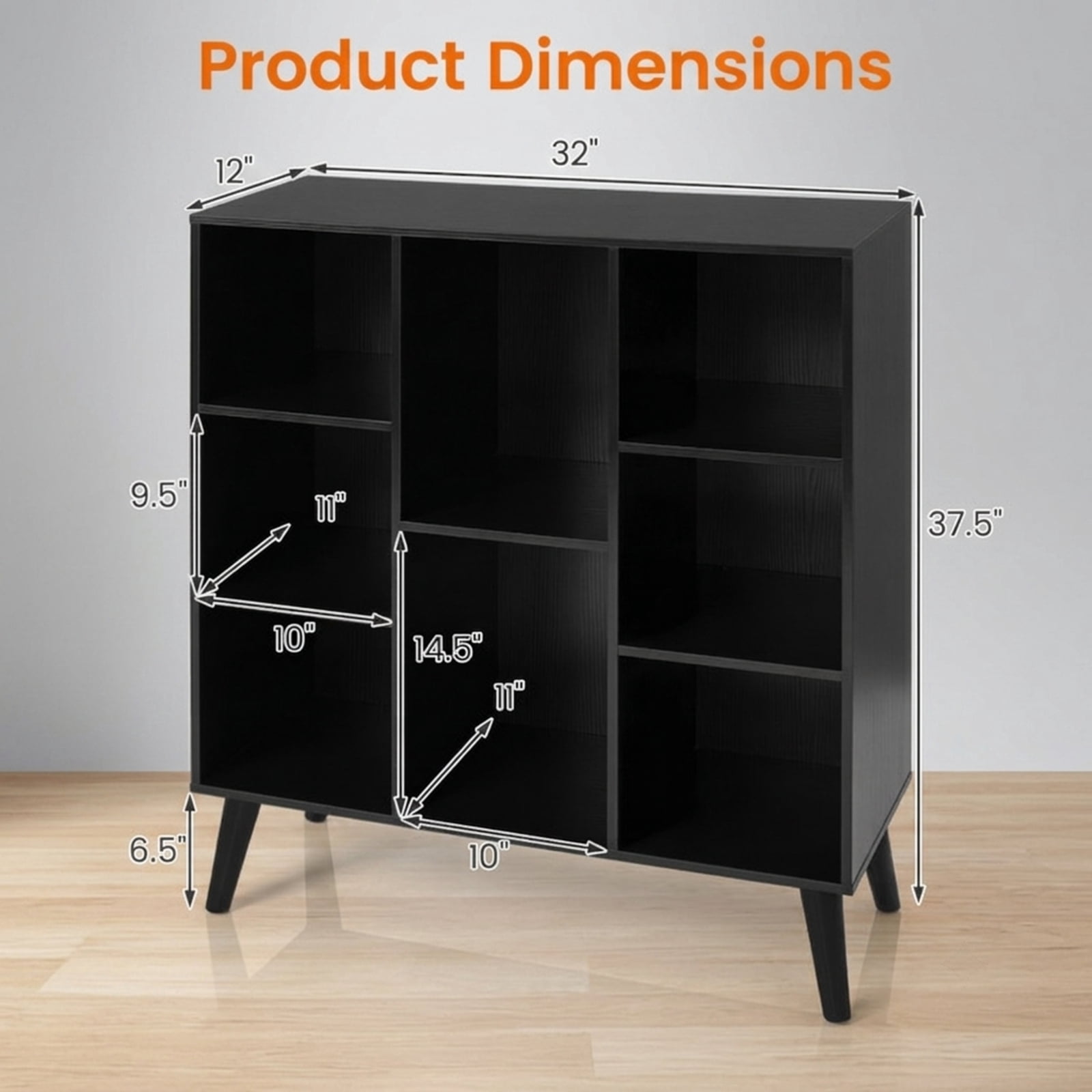 Furnibear 8-Cube Bookcase with Raised Support Legs and 2 Anti-Tipping Kits Freestanding Wood Storage for Study and Living Room, Rustic Brown