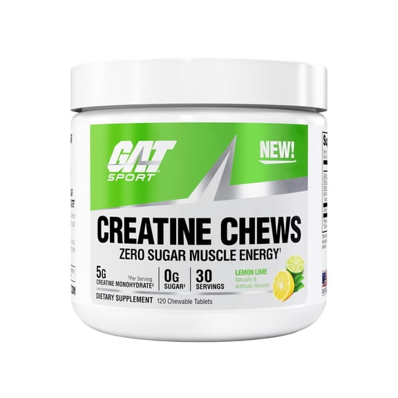 GAT SPORT Creatine Chews, Zero Sugar, 5g Pure Creatine Monohydrate, 3rd Party Tested, Brain Health, Muscle, Strength, Anti-oxidant Support, for Men & Women, 30 Servings (Lemon Lime)