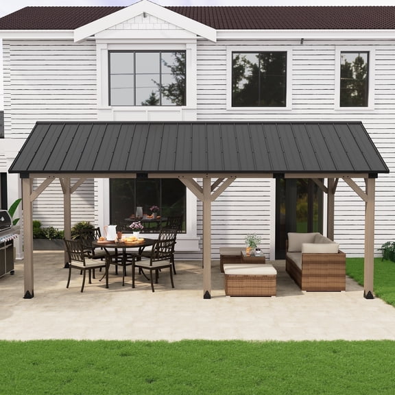 Mondawe 12'x20' Wood Gazebo Cedar Framed Wooden Gazebo Patio Steel Hardtop Gazebo with Galvanized Steel Gable Hardtop Roof for Patio Lawn Backyard