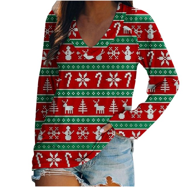 Camiseta de manga larga raglán con estampado navideño informal con cuello en V para mujer Pompotops FGAJ16204