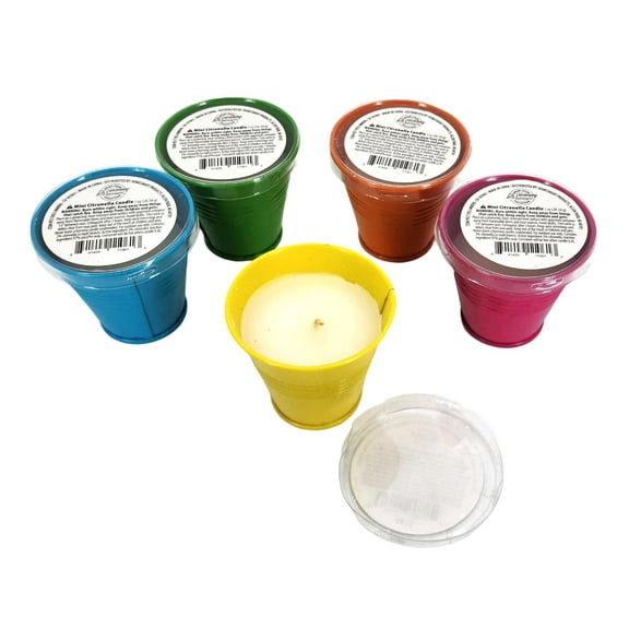 Mini Citronella Tealight Candle Buckets 5 Pack Natural Scented Multi Color 2.5 Inch Insect Repellent