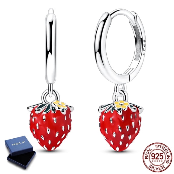 MULA 925 Sterling Silver Strawberry Huggie Hoop Dangle Earrings for Women, Vibrant Red Fruit Summer Hypoallergenic Jewelry Gift with Box
