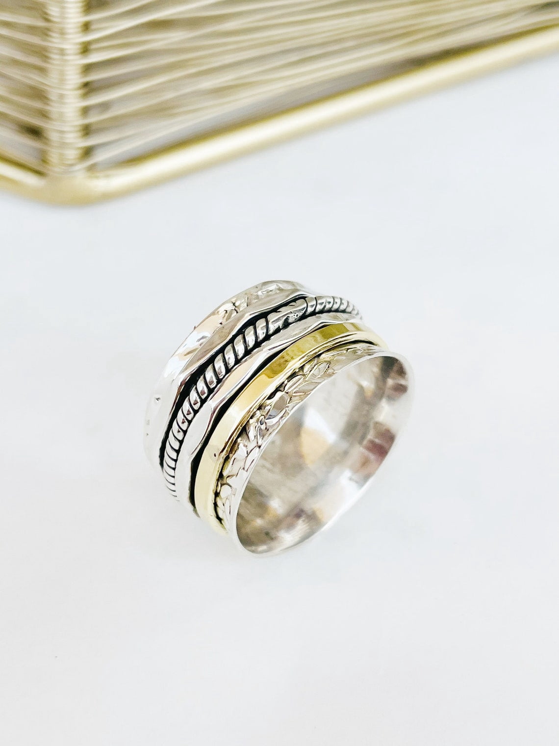 SS DESIGNS Sterling Silver Spinner Ring - Handmade Two Tone Fidget Spinner Ring for Women with Silver Hammered Finish and Stress Relief Design